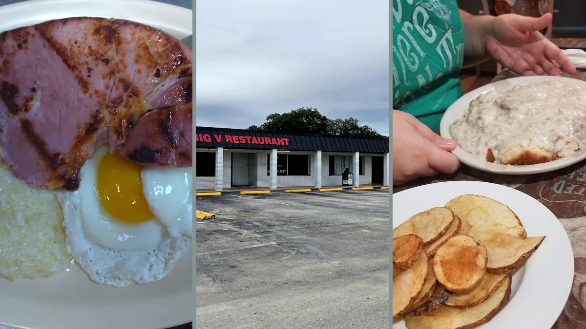 Biscuits, gravy, and home fries on plates.