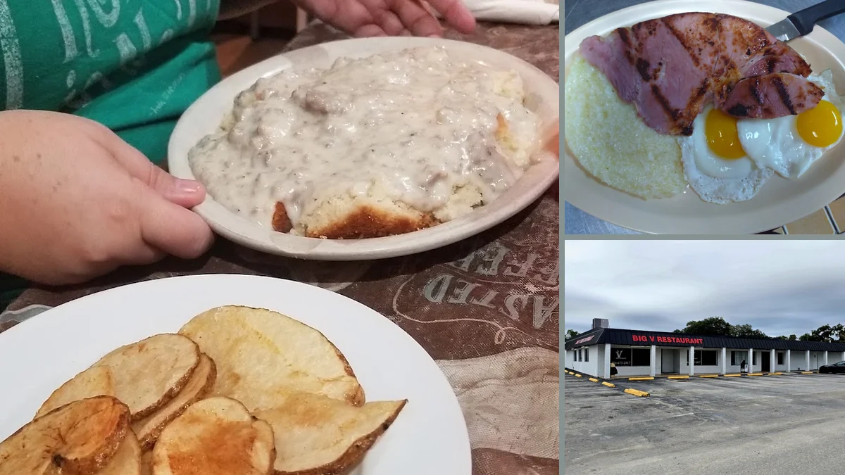 Biscuits, gravy, and home fries on plates.